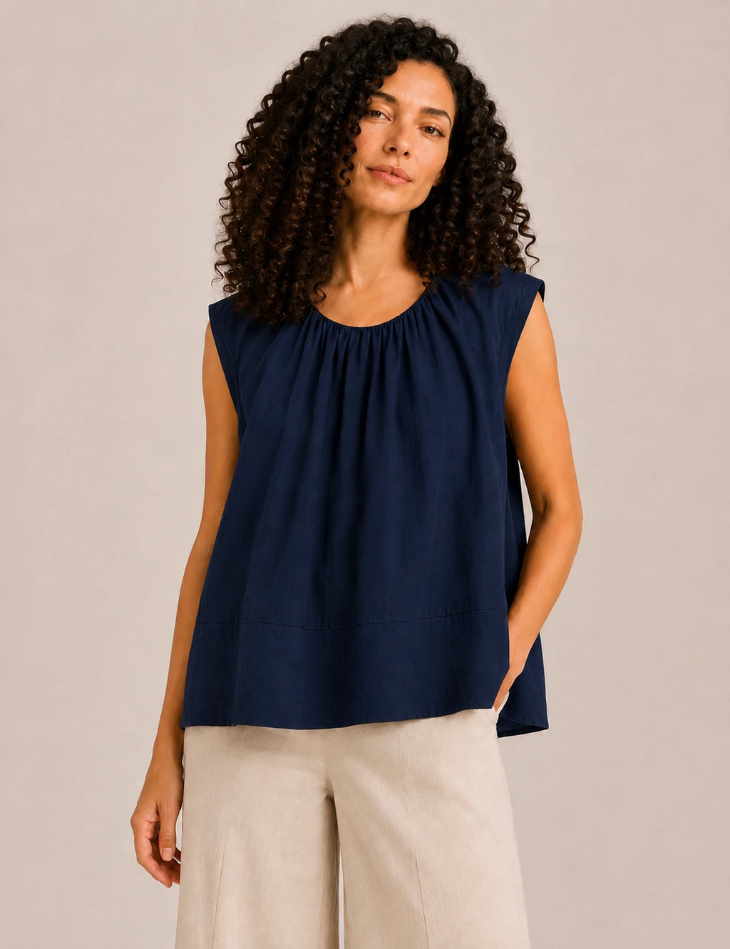 Blusa Pliegue Cuello Marino