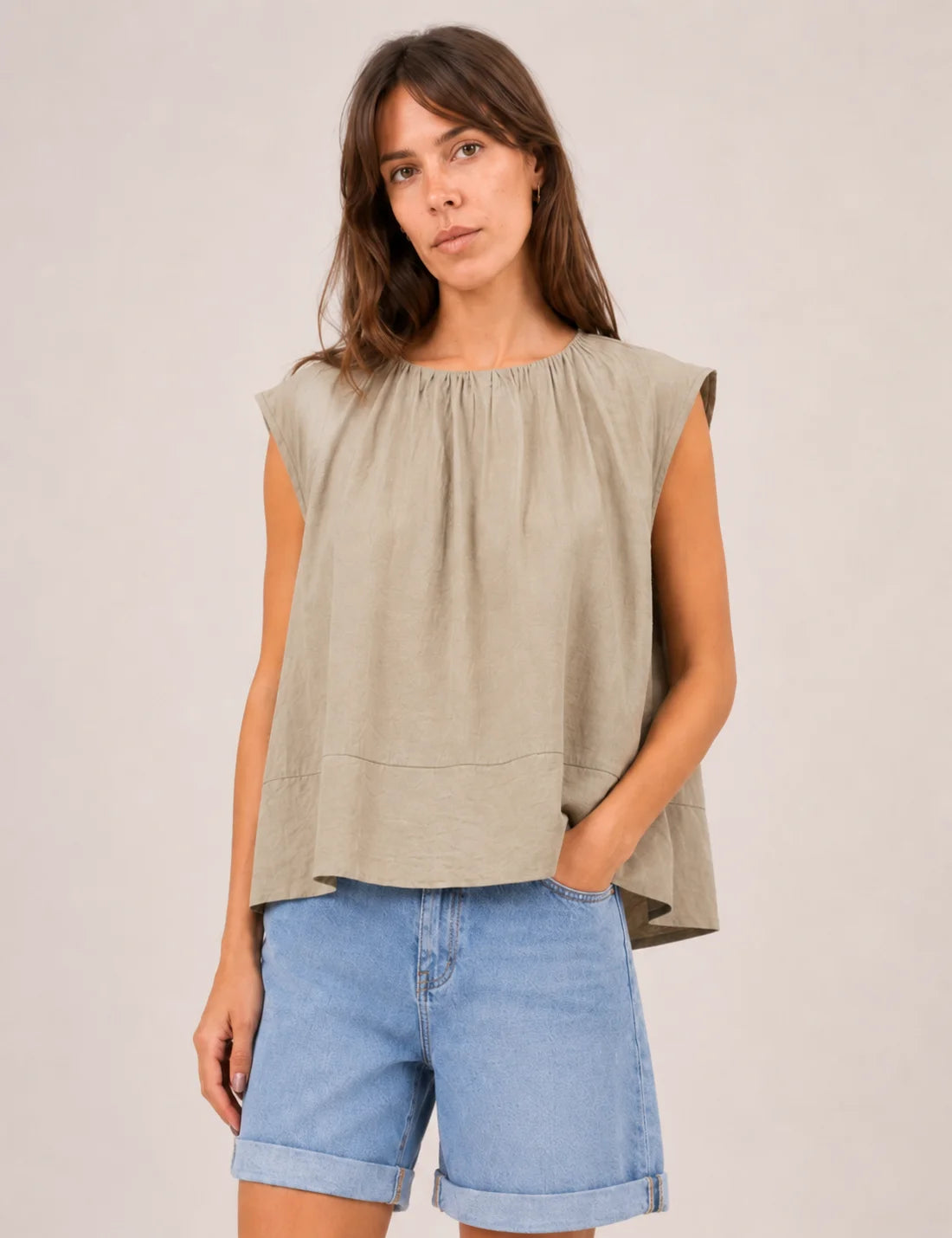 Blusa Pliegue Cuello Kaki