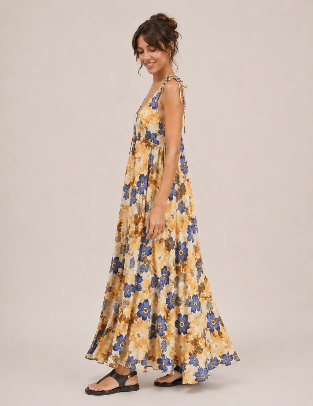 Vestido Tirantes Estampado Mostaza