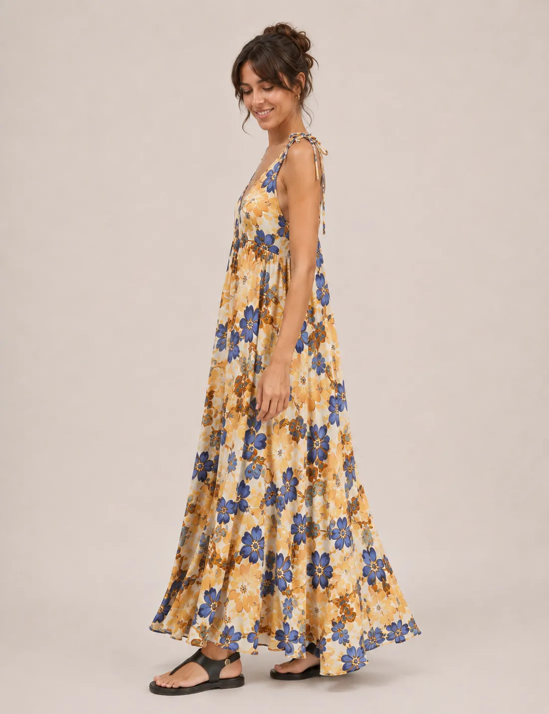 Vestido Tirantes Estampado Mostaza