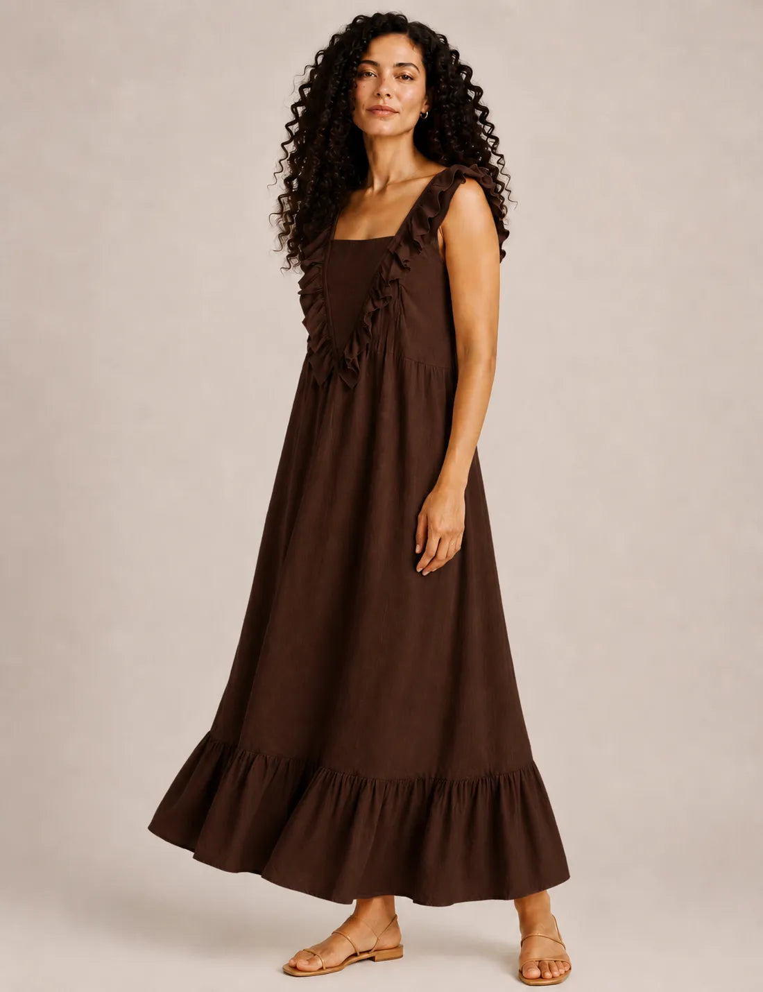 Vestido Volante Evasé Marrón