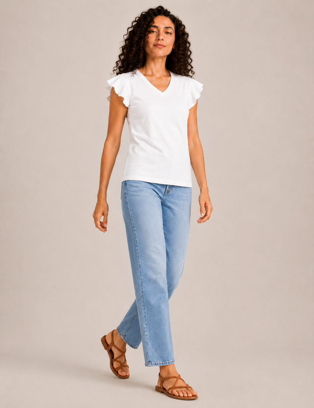 Camiseta Cuello Pico Volantes Blanca