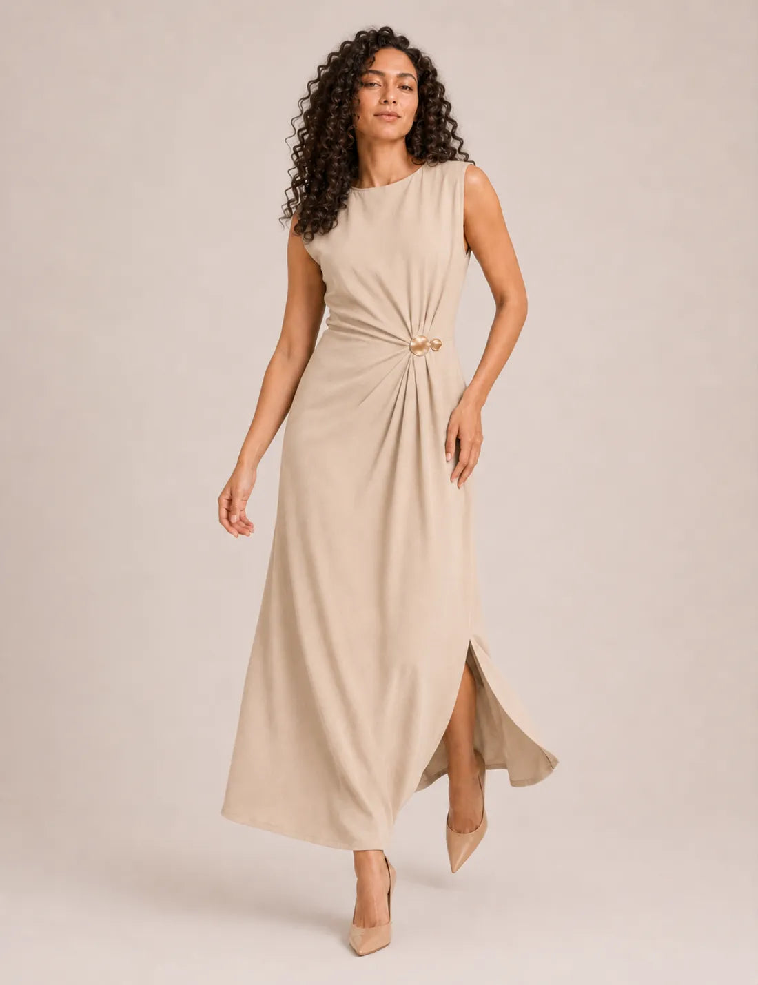 Vestido Maxi Broche Beige