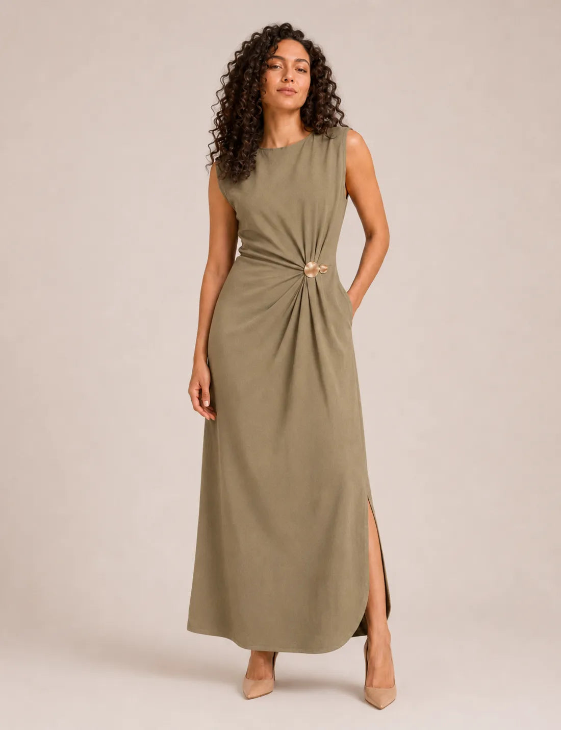 Vestido Maxi Broche Kaki