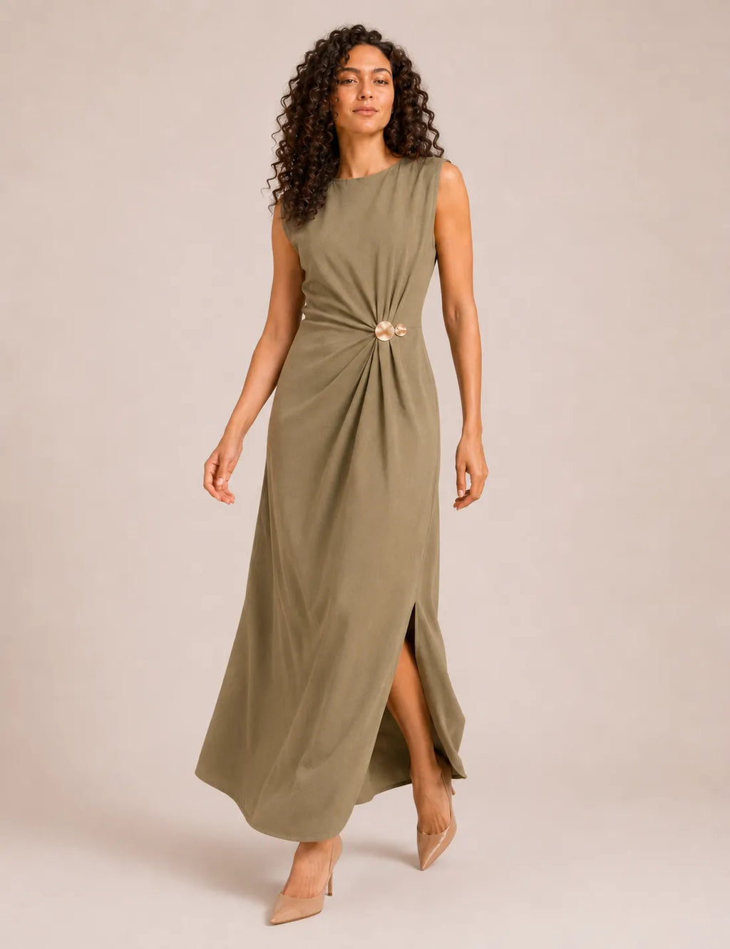 Vestido Maxi Broche Kaki