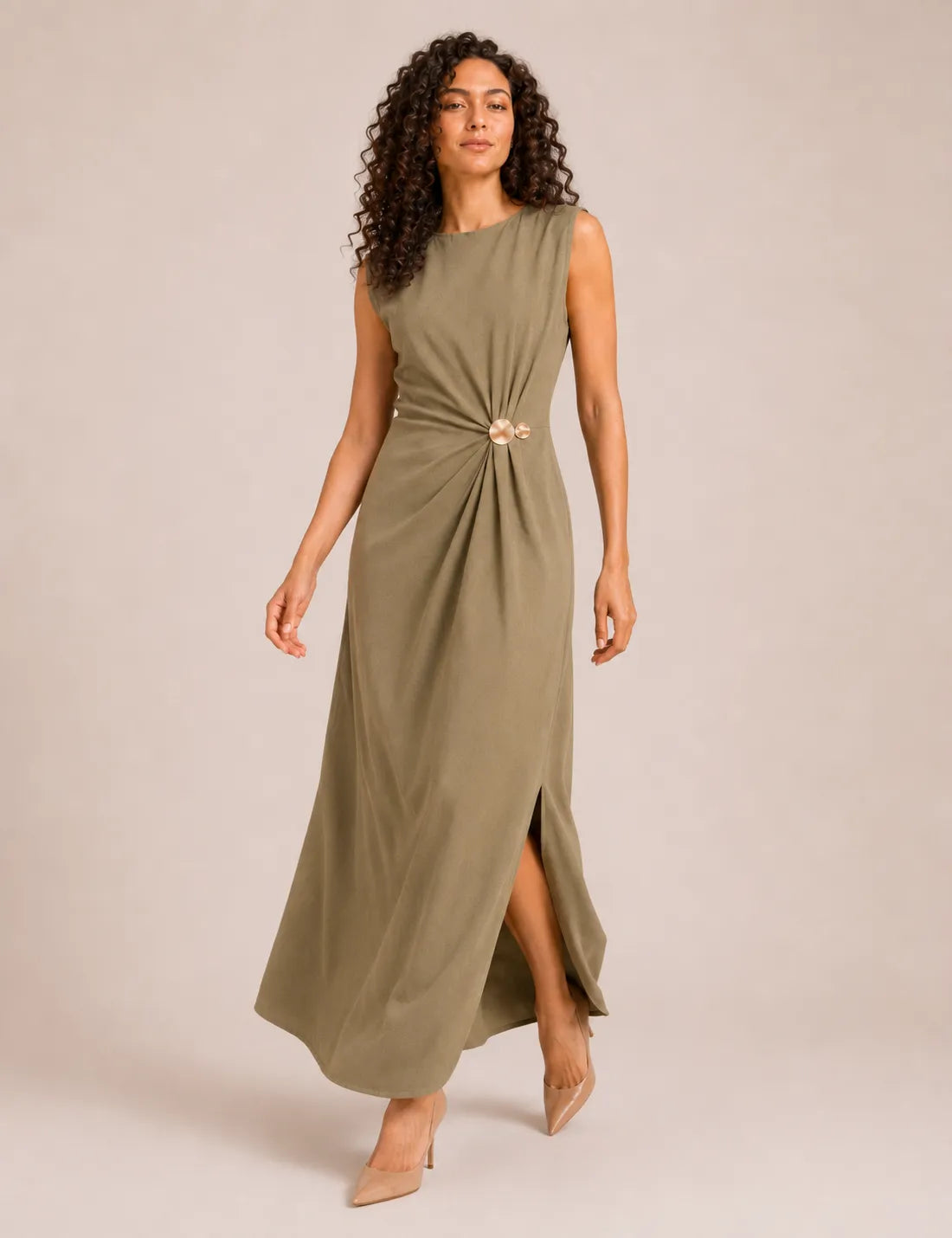 Vestido Maxi Broche Kaki