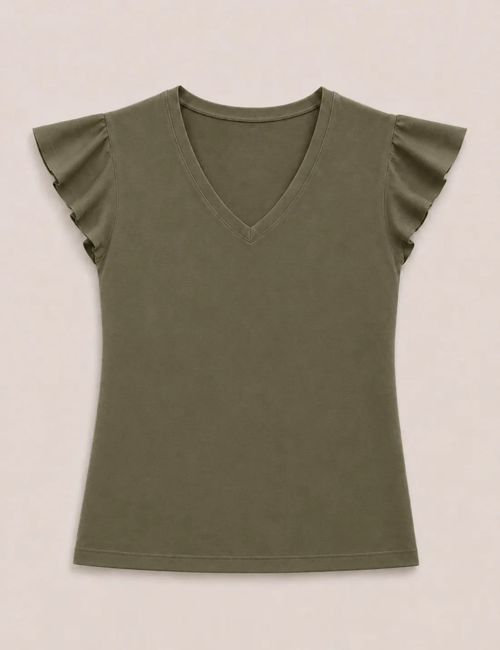 Camiseta Cuello Pico Volantes Kaki