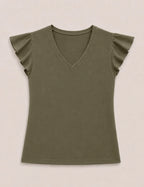 Camiseta Cuello Pico Volantes Kaki