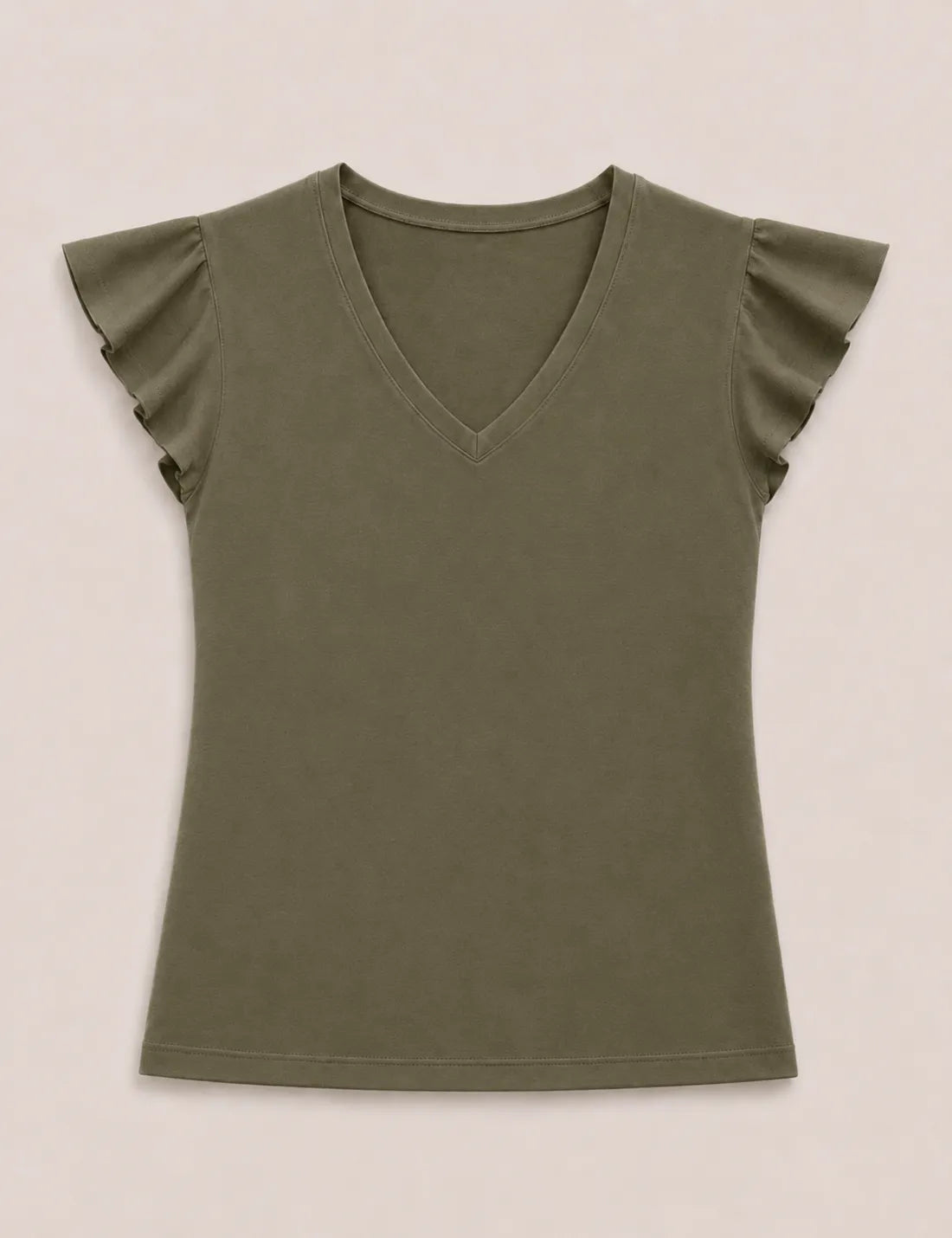 Camiseta Cuello Pico Volantes Kaki
