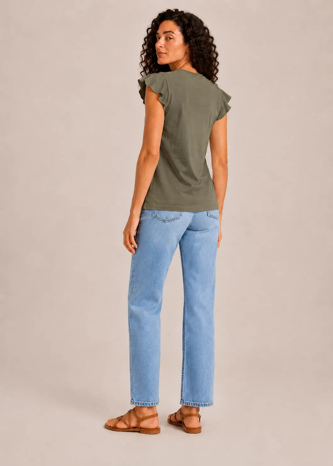 Camiseta Cuello Pico Volantes Kaki