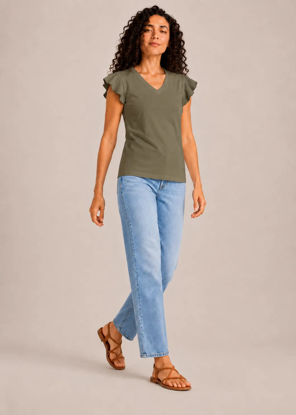 Camiseta Cuello Pico Volantes Kaki