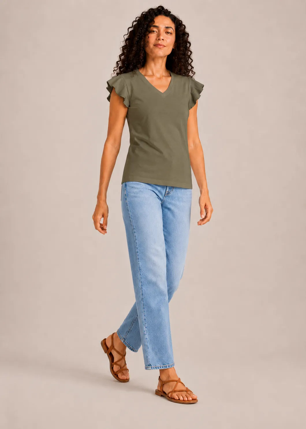 Camiseta Cuello Pico Volantes Kaki