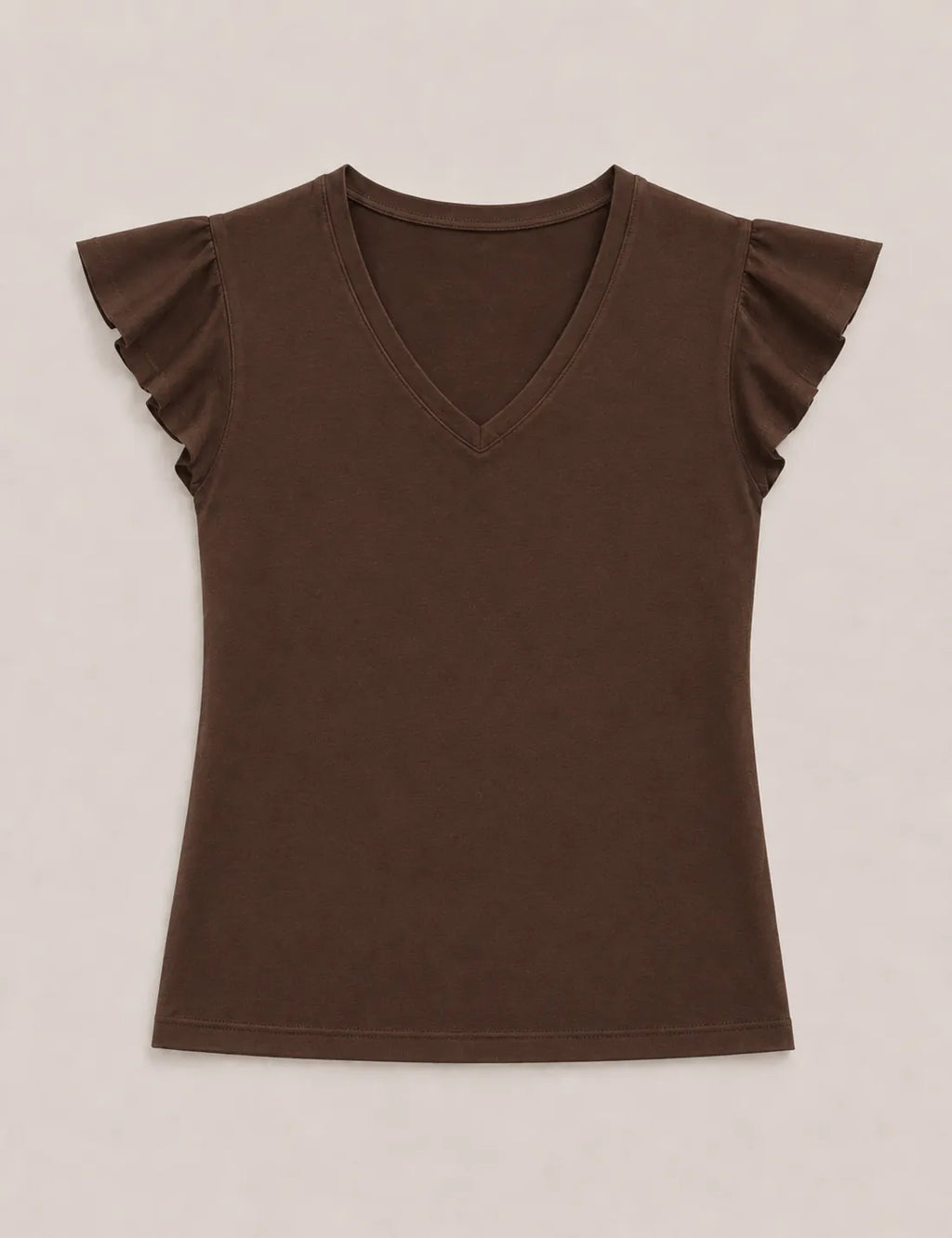 Camiseta Cuello Pico Volantes Marrón