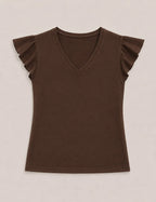 Camiseta Cuello Pico Volantes Marrón