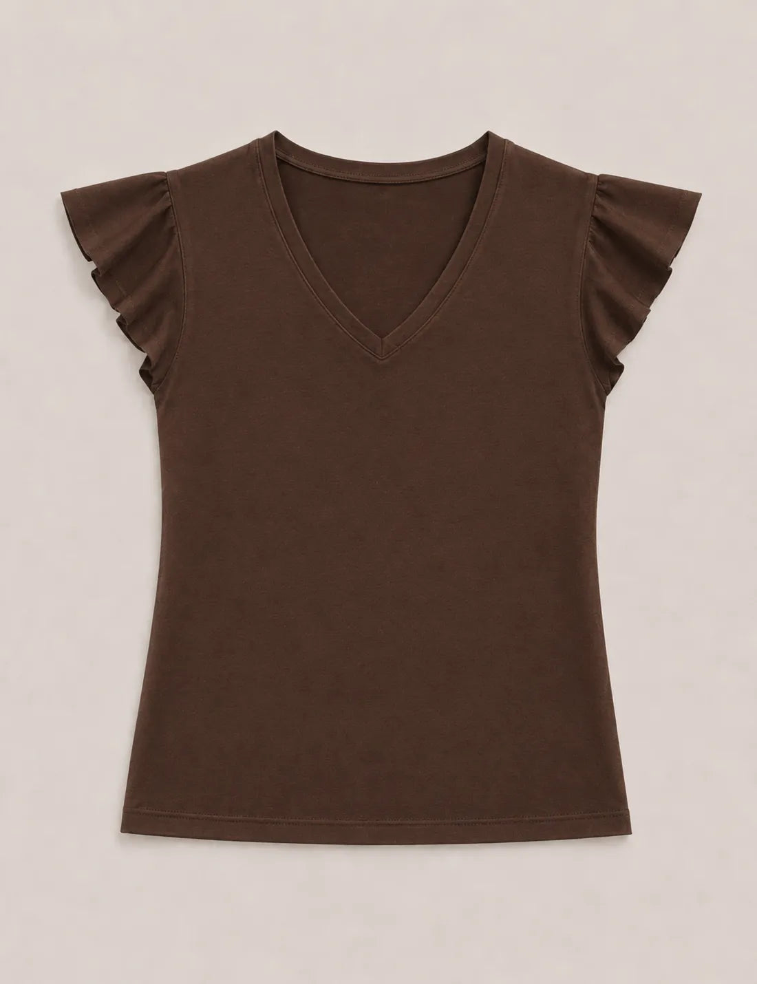 Camiseta Cuello Pico Volantes Marrón